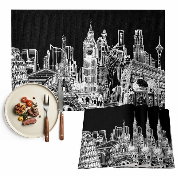 Placemats Set of 4, Architecture Landscape Place Mats Black Historic Landmarks Tablemats Washable Placemat Table Decoration for Kitchen Table Dinner Party Home Decor Indoor Outdoor 13x19 Inch