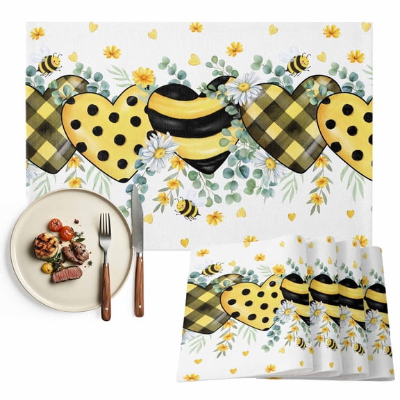 Placemats Set of 4, Bee Love Heart Place Mats Daisy Floral Eucalyptus Leaves Tablemats Washable Placemat Table Decoration for Kitchen Table Dinner Party Home Decor Indoor Outdoor 13x19 Inch