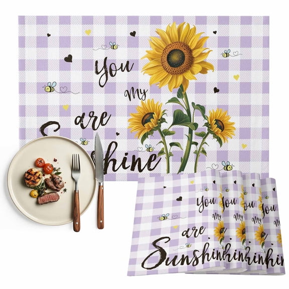 Placemats Set of 4, Bee Sunflower Place Mats Purple Buffalo Plaid You Are My Sunshine Tablemats Washable Placemat Table Decoration for Kitchen Table Dinner Party Home Decor Indoor Outdoor 13x19 Inch