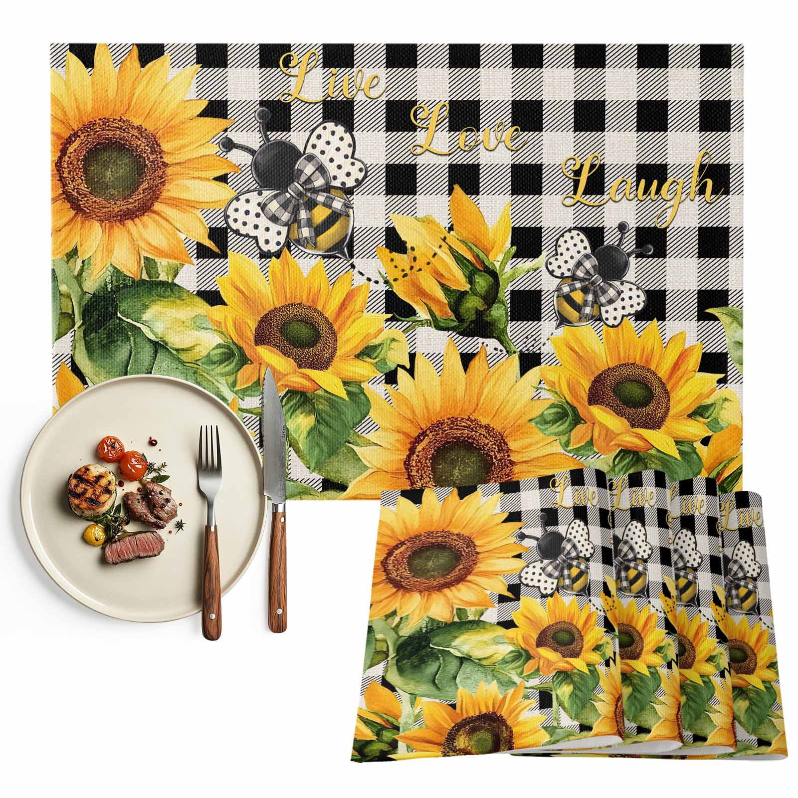 Placemats Set of 4, Bee Sunflower Place Mats Rustic Black Buffalo Plaid ...