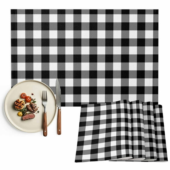 Placemats Set of 4, Black Buffalo Plaid Placemats Set of 4, Check Lines Tablemats Washable Placemat Table Decoration for Kitchen Table Dinner Party Home Decor Indoor Outdoor 13x19 Inch