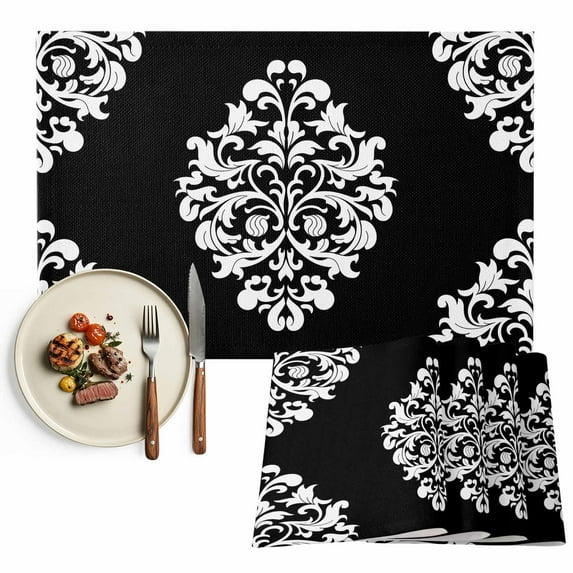 Placemats Set of 4, Black Flower Place Mats Classical Luxury Abstract Art Tablemats Washable Placemat Table Decoration for Kitchen Table Dinner Party Home Decor Indoor Outdoor 13x19 Inch