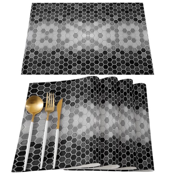 Placemats Set of 4, Black Honeycomb Grid Place Mats Gradient Hexagonal Cells Linen Tablemats Washable Placemat Table Decoration for Kitchen Table Dinner Party Home Decor Indoor Outdoor 13x19 Inch