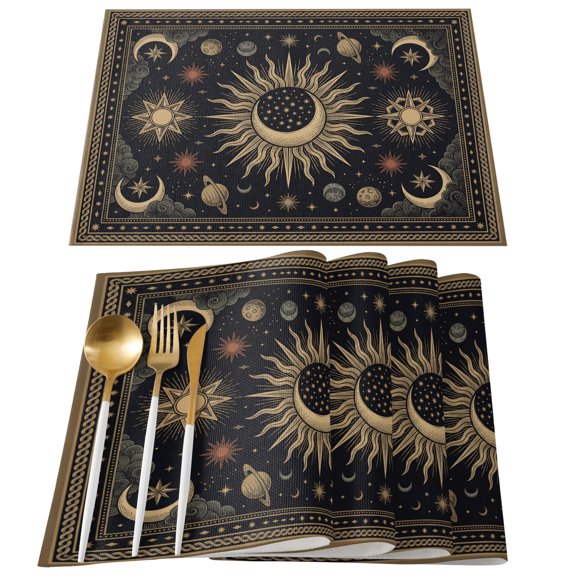 Placemats Set of 4, Black Mystical Star Moon Place Mats Celestial Galaxy Cosmic Linen Tablemats Washable Placemat Table Decoration for Kitchen Table Dinner Party Home Decor Indoor Outdoor 13x19 Inch