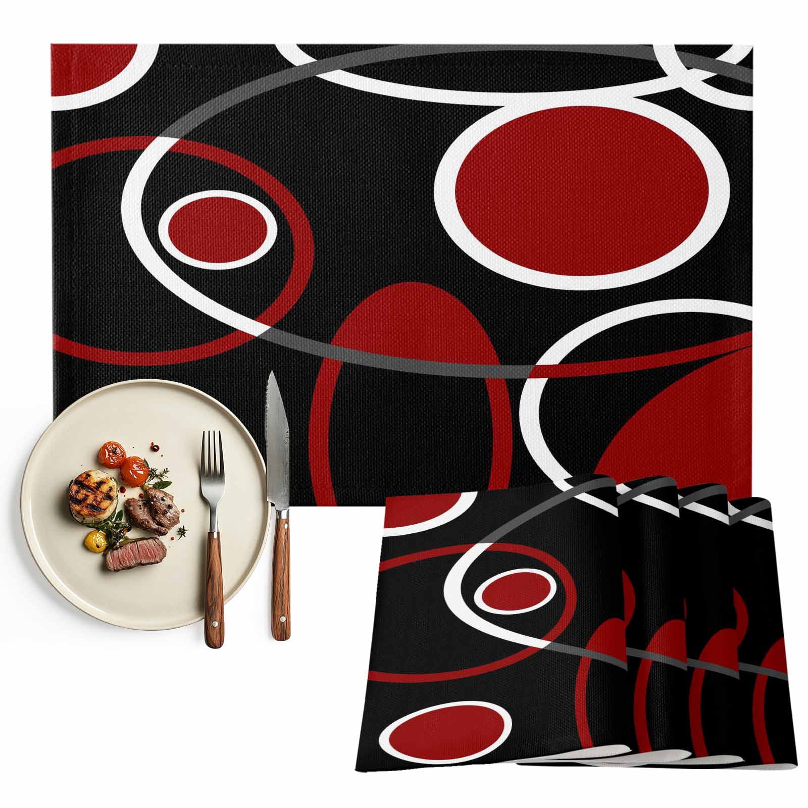Placemats Set of 4, Black Red Circle Placemats Set of 4, Geometri Stripe Lines Abstract Art Tablemats Placemat Table Decoration for Kitchen Table Dinner Party Home Decor Indoor Outdoor 13x19 Inch