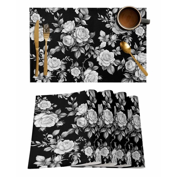 Placemats Set of 4, Black Rose Woven Placemat, Linen Place Mats for Kitchen/Dining Tables, Vintage Pastoral Botanical Floral Leaves Vines Washable Table Mats for Party