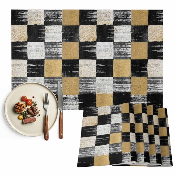 Placemats Set of 4, Blake Gold Squares Block Place Mats Geometric Checkerboard Tablemats Washable Placemat Table Decoration for Kitchen Table Dinner Party Home Decor Indoor Outdoor 13x19 Inch