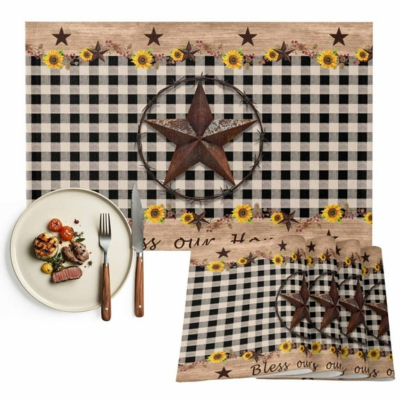 Placemats Set of 4, Bless Our Home Place Mats Texas Star Sunflower Black Plaid Tablemats Washable Placemat Table Decoration for Kitchen Table Dinner Party Home Decor Indoor Outdoor 13x19 Inch