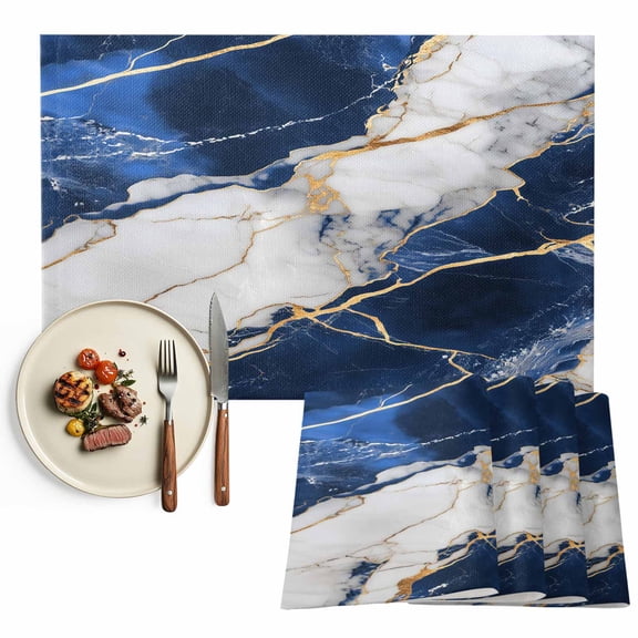Placemats Set of 4, Blue Abstract Marble Place Mats Gold White Modern Tablemats Washable Placemat Table Decoration for Kitchen Table Dinner Party Home Decor Indoor Outdoor 13x19 Inch