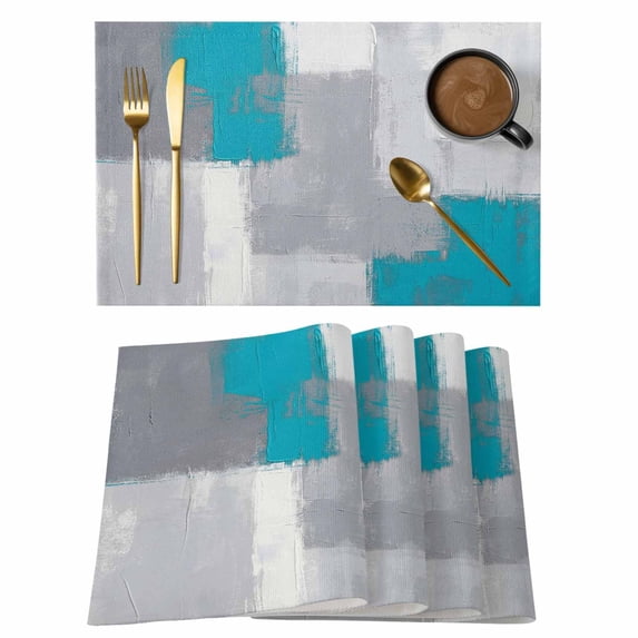 Placemats Set of 4, Blue Abstract Woven Placemat, Linen Place Mats for Kitchen/Dining Tables, Grey Geometric Oil Painting Vintage Gradient Washable Table Mats for Party