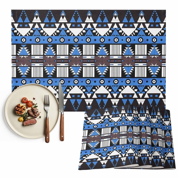 Placemats Set of 4, Blue Aztec Boho Place Mats Tribal Geometric Pattern Tablemats Washable Placemat Table Decoration for Kitchen Table Dinner Party Home Decor Indoor Outdoor 13x19 Inch