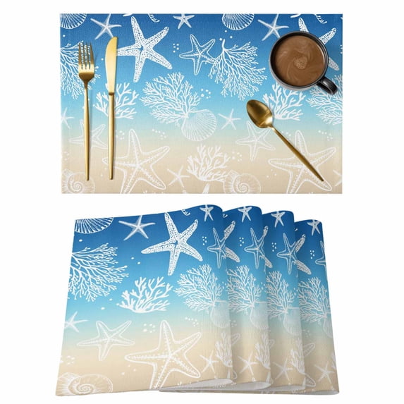 Placemats Set of 4, Blue Beige Ombre Coastal Woven Placemat, Linen Place Mats for Kitchen/Dining Tables, Nautical Beach Starfish Coral Summer Washable Table Mats for Party