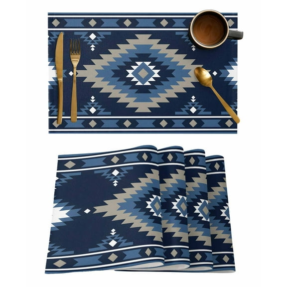Placemats Set of 4, Blue Boho Woven Placemat, Linen Place Mats for Kitchen/Dining Tables, Aztec Southwest Abstract Geometric Motifs Washable Table Mats for Party