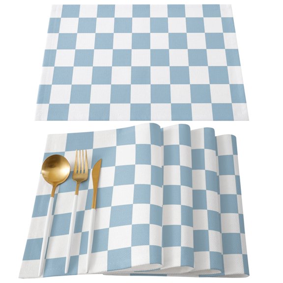 Placemats Set of 4, Blue Checkerboard Place Mats Classic Squares Plaid Linen Tablemats Washable Placemat Table Decoration for Kitchen Table Dinner Party Home Decor Indoor Outdoor 13x19 Inch