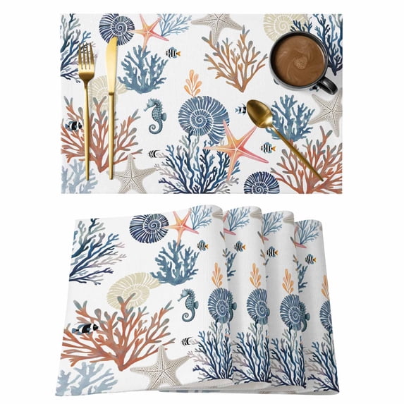 Placemats Set of 4, Blue Coral Coastal Woven Placemat, Linen Place Mats for Kitchen/Dining Tables, Summer Beach Starfish Nautical Washable Table Mats for Party
