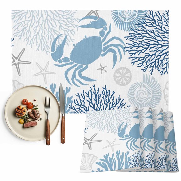 Placemats Set of 4, Blue Crab Place Mats Ocean Coral Starfish Shell Tablemats Washable Placemat Table Decoration for Kitchen Table Dinner Party Home Decor Indoor Outdoor 13x19 Inch