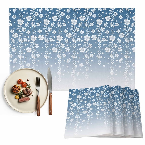 Placemats Set of 4, Blue Floral Place Mats Ombre Branch Spring Flowers Tablemats Washable Placemat Table Decoration for Kitchen Table Dinner Party Home Decor Indoor Outdoor 13x19 Inch