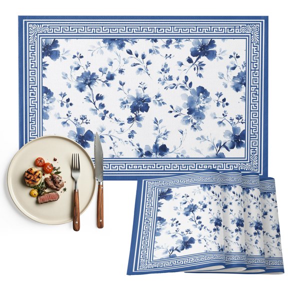 Placemats Set of 4, Blue Flowers Place Mats Watercolor Floral Geometric Frame Tablemats Washable Placemat Table Decoration for Kitchen Table Dinner Party Home Decor Indoor Outdoor 13x19 Inch