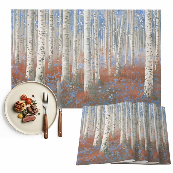 Placemats Set of 4, Blue Forest Plant Place Mats Tree Illustration Tablemats Washable Placemat Table Decoration for Kitchen Table Dinner Party Home Decor Indoor Outdoor 13x19 Inch
