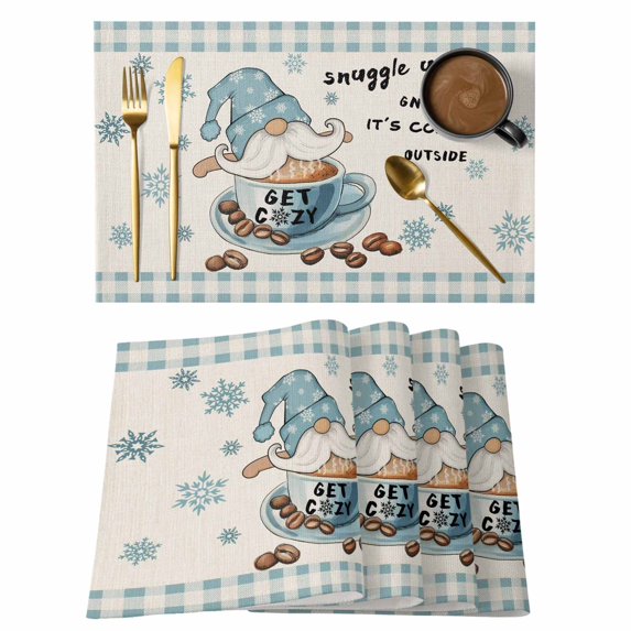 Placemats Set of 4, Blue Gnomes Woven Placemat, Linen Place Mats for Kitchen/Dining Tables, Coffee Snowflake Winter Checkered Rustic Washable Table Mats for Party