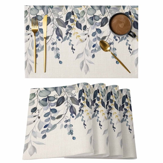 Placemats Set of 4, Blue Grey Eucalyptus Woven Placemat, Linen Place Mats for Kitchen/Dining Tables, Farmhouse Weeping Leaves on Linen Washable Table Mats for Party