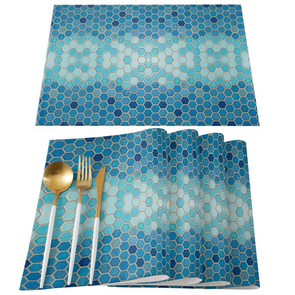 Placemats Set of 4, Blue Honeycomb Grid Place Mats Gradient Hexagonal Cells Linen Tablemats Washable Placemat Table Decoration for Kitchen Table Dinner Party Home Decor Indoor Outdoor 13x19 Inch