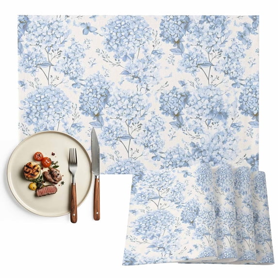 Placemats Set of 4, Blue Hydrangea Placemats Set of 4, Spring Flower Leaf Tablemats Washable Placemat Table Decoration for Kitchen Table Dinner Party Home Decor Indoor Outdoor 13x19 Inch