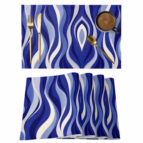 Placemats Set of 4, Blue Moire Woven Placemat, Linen Place Mats for Kitchen/Dining Tables, Classic Modern Abstract Art Elegant Washable Table Mats for Party