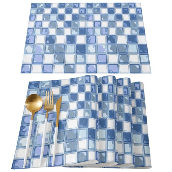 Placemats Set of 4, Blue Mosaic Tiles Place Mats Checkerboard Squares Linen Tablemats Washable Placemat Table Decoration for Kitchen Table Dinner Party Home Decor Indoor Outdoor 13x19 Inch