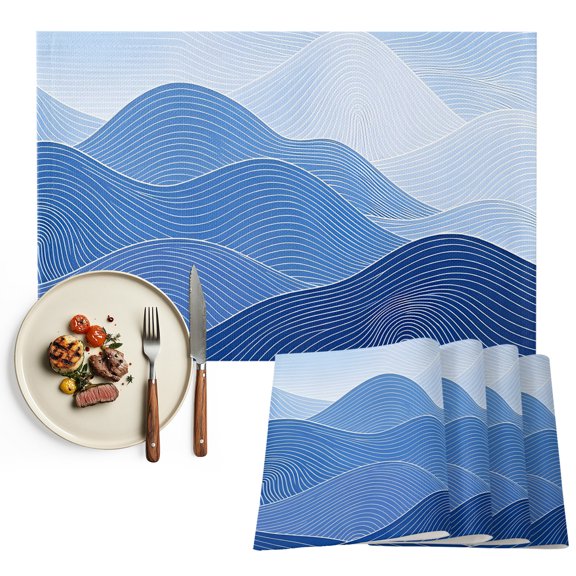 Placemats Set of 4, Blue Mountain Ridges Place Mats Topographic Lines Peaks Tablemats Washable Placemat Table Decoration for Kitchen Table Dinner Party Home Decor Indoor Outdoor 13x19 Inch