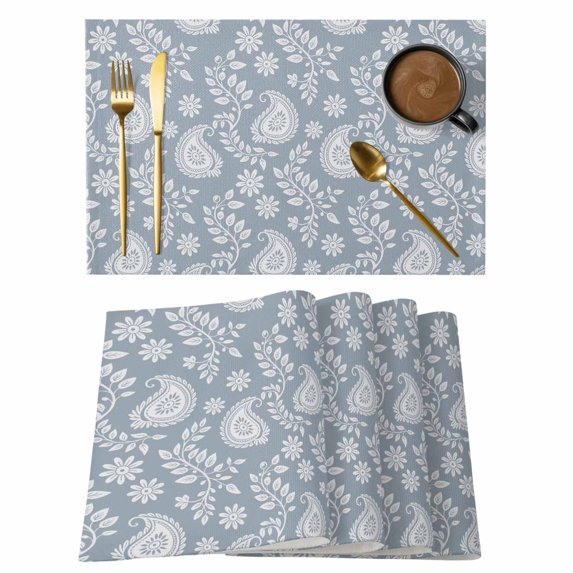 Placemats Set of 4, Blue Paisley Woven Placemat, Linen Place Mats for Kitchen/Dining Tables, Ethnic Vintage Floral Botanical Abstract Washable Table Mats for Party