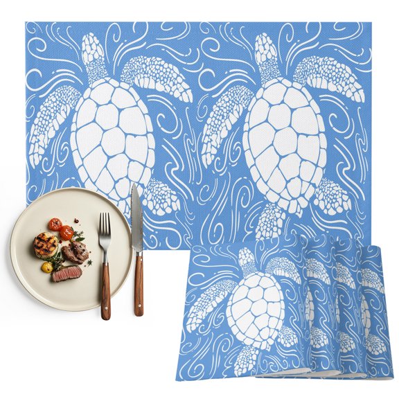Placemats Set of 4, Blue Turtle Place Mats Coastal Marine Life Water Ripples Tablemats Washable Placemat Table Decoration for Kitchen Table Dinner Party Home Decor Indoor Outdoor 13x19 Inch