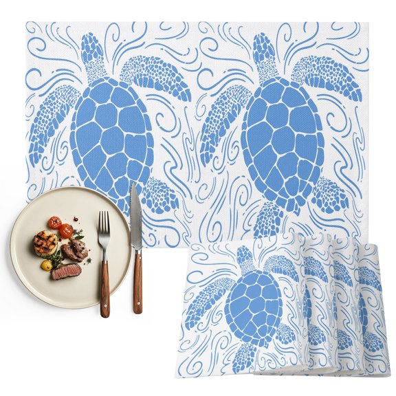 Placemats Set of 4, Blue Turtle Place Mats Coastal Marine Life Waves Tablemats Washable Placemat Table Decoration for Kitchen Table Dinner Party Home Decor Indoor Outdoor 13x19 Inch