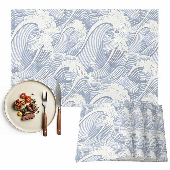Placemats Set of 4, Blue Waves Place Mats Ocean Lines Stripes Tablemats Washable Placemat Table Decoration for Kitchen Table Dinner Party Home Decor Indoor Outdoor 13x19 Inch