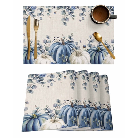 Placemats Set of 4, Blue White Woven Placemat, Linen Place Mats for Kitchen/Dining Tables, Fall Thanksgiving Harvest Pumpkin Eucalyptus Washable Table Mats for Party