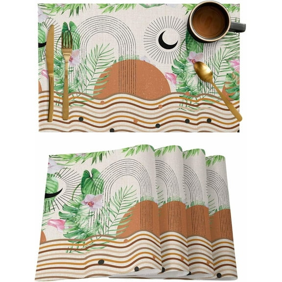Placemats Set of 4, Boho Abstract Geometric Lines Brown Ripples Linen Kitchen Table Placemats,Non Slip Washable Dining Table Mats Set for Wedding Holiday Party Decoration