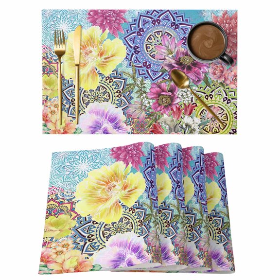 Placemats Set of 4 Boho Floral Non-Slip Place Mat Bright Flowers Blossom Bohemian Mandala Table Mats Washable Stain-Resistant Tablemats for Party/Dining Room/Kitchen Decorations
