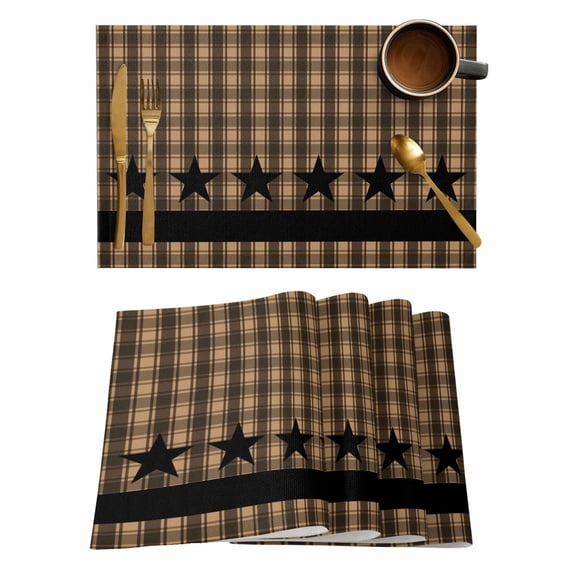 Placemats Set of 4, Brown Black Plaid Woven Placemat, Linen Place Mats for Kitchen/Dining Tables, Vintage Rustic Star Buffalo Check Washable Table Mats for Party