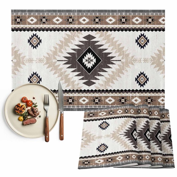 Placemats Set of 4, Brown Bohemian Place Mats Aztec Boho Tribal Tablemats Washable Placemat Table Decoration for Kitchen Table Dinner Party Home Decor Indoor Outdoor 13x19 Inch