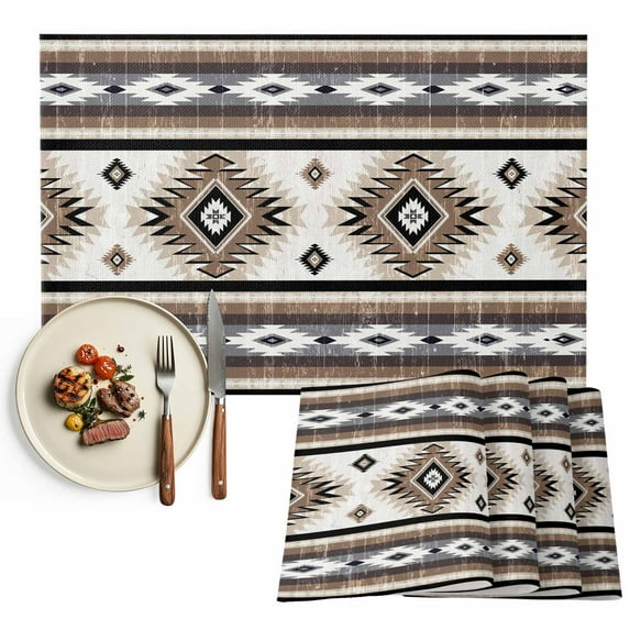 Placemats Set of 4, Brown Grey Boho Aztec Place Mats Southwest Tribal Geometric Tablemats Washable Placemat Table Decoration for Kitchen Table Dinner Party Home Decor Indoor Outdoor 13x19 Inch