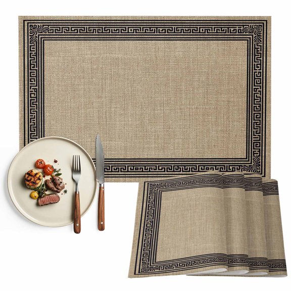 Placemats Set of 4, Brown Linen Key Design Placemats Set of 4, Geometric Back Print Pattern Tablemats Placemat Table Decoration for Kitchen Table Dinner Party Home Decor Indoor Outdoor 13x19 Inch