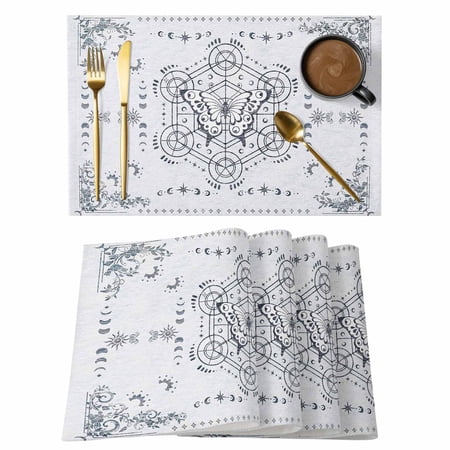 Placemats Set of 4 Butterfly Moon Non-Slip Place Mat Boho Floral Plant Table Mats Washable Stain-Resistant Tablemats for Party/Dining Room/Kitchen Decorations