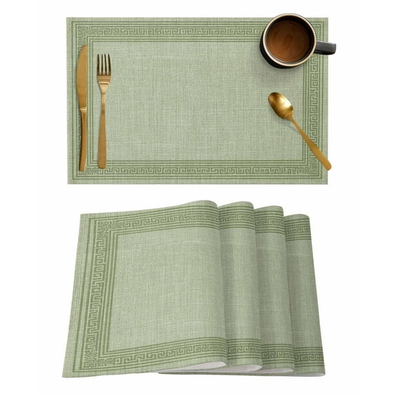 Placemats Set of 4, Cameo Green Retro Greek Key Woven Placemat, Linen Place Mats for Kitchen/Dining Tables, Geometric Greece Ancient Rustic Washable Table Mats for Party