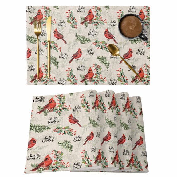 Placemats Set of 4, Cardinal Bird Woven Placemat, Linen Place Mats for Kitchen/Dining Tables, Holly Branches Berry Winter Beige Washable Table Mats for Party