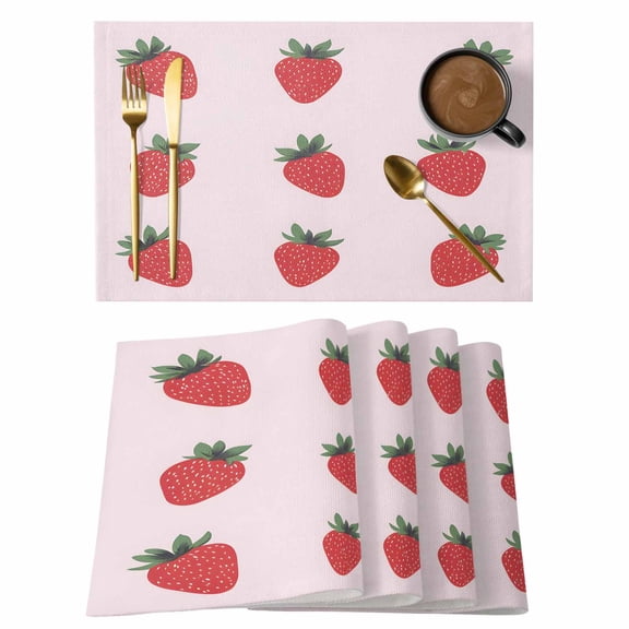 Placemats Set of 4 Cartoon Strawberry Non-Slip Place Mat Fruit Pink Table Mats Washable Stain-Resistant Tablemats for Party/Dining Room/Kitchen Decorations