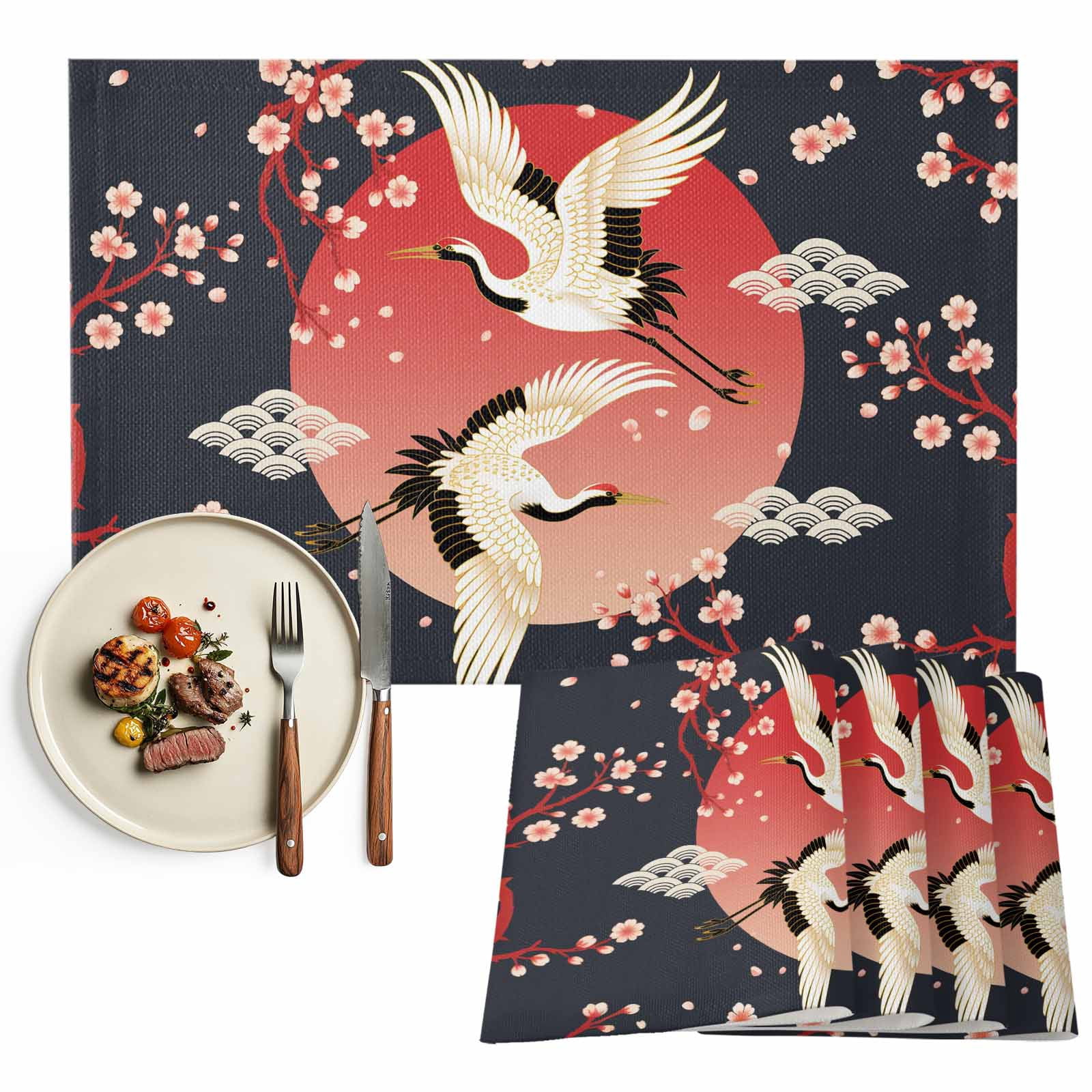Placemats Set of 4, Cherry Blossom Crane Place Mats Japanese Style ...
