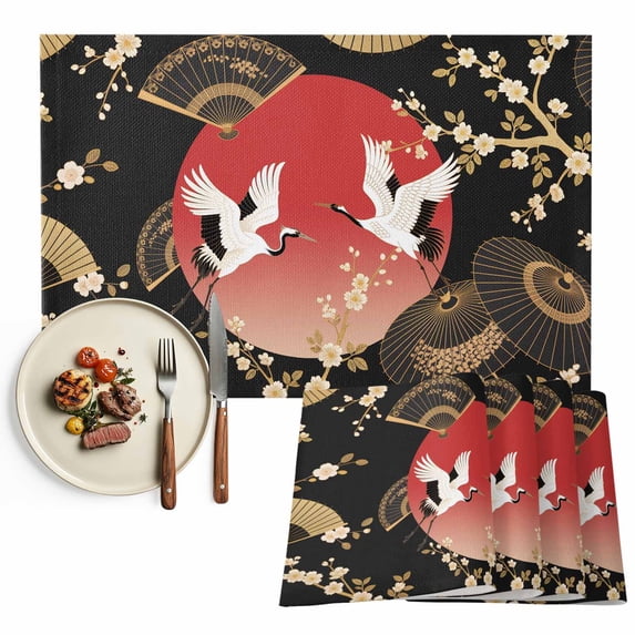 Placemats Set of 4, Cherry Blossom Crane Place Mats Paper Fan Japanese Style Tablemats Washable Placemat Table Decoration for Kitchen Table Dinner Party Home Decor Indoor Outdoor 13x19 Inch