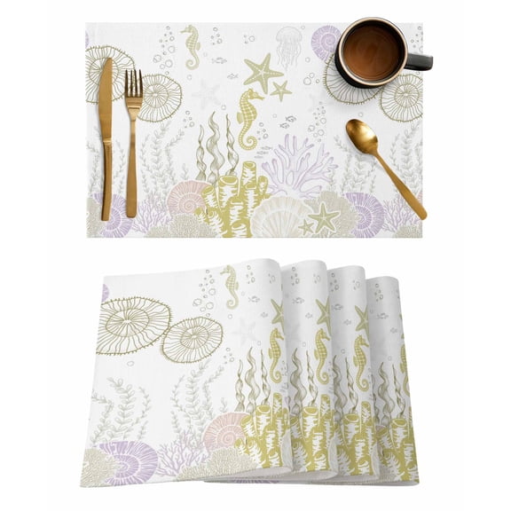 Placemats Set of 4, Coastal Woven Placemat, Linen Place Mats for Kitchen/Dining Tables, Yellow-green Ocean Coral Starfish Jellyfish Washable Table Mats for Party