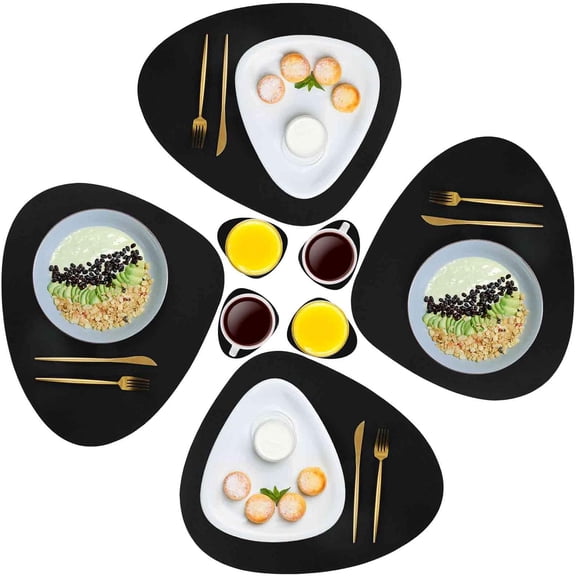 Placemats Set of 4 Coasters and 4 Faux Leather Place mats, Heat-Resistant Placemat 17x14.2in, Premium Non-Slip Washable Round PU Dinning Table Mat-Black