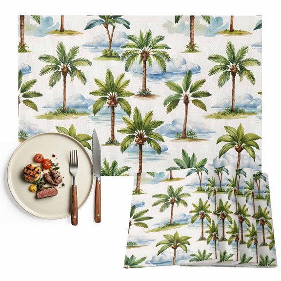 Placemats Set of 4, Coconut Palm Trees Place Mats Tropical Plant Cloud Tablemats Washable Placemat Table Decoration for Kitchen Table Dinner Party Home Decor Indoor Outdoor 13x19 Inch